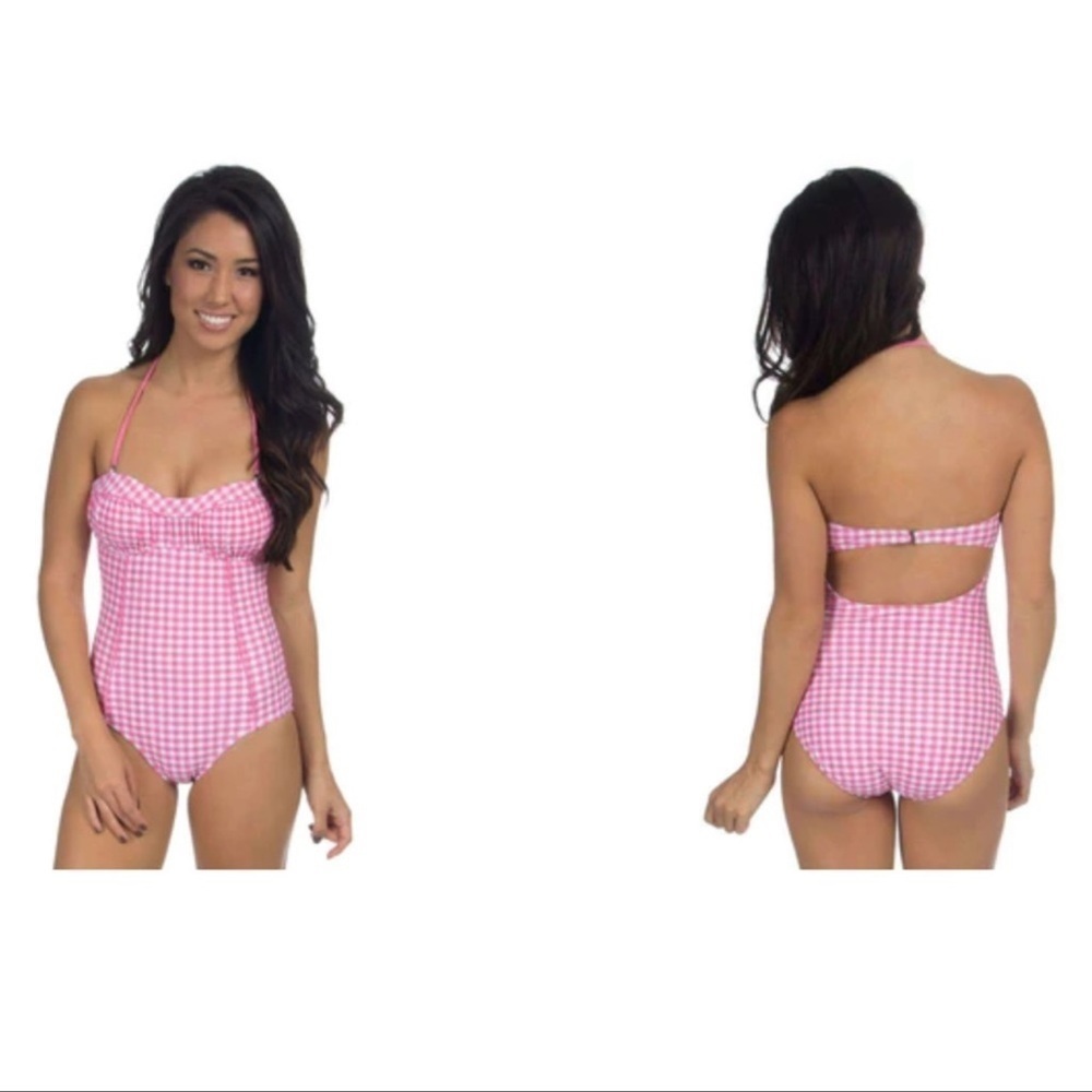 Lauren James Gingham One Piece Bandeau Swimsuit in Pink size Small - Picture 14 of 14